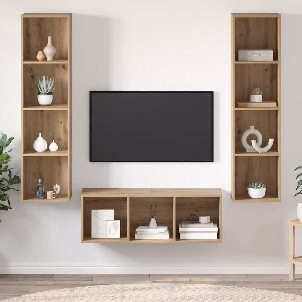 Berkfield Home 3-Piece Artisan Oak TV Cabinet Set with Wall Cabinet and Open Shelf, Brown, W/D/H: 37 x 37 x 142.5 cm – 2