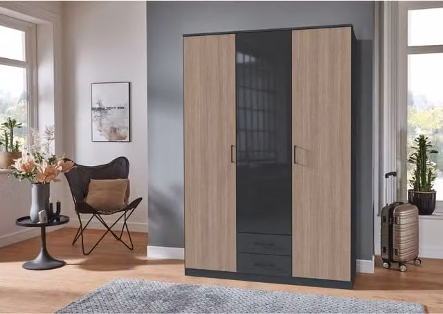 Fulda 4-Door Wardrobe in Graphite and Multiplex Optic with Integrated Drawers, Width: 135 cm