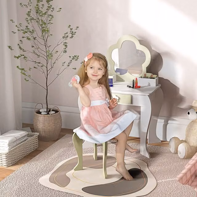 ZONEKIZ Kids Dressing Table with Mirror and Stool in White Floral Design