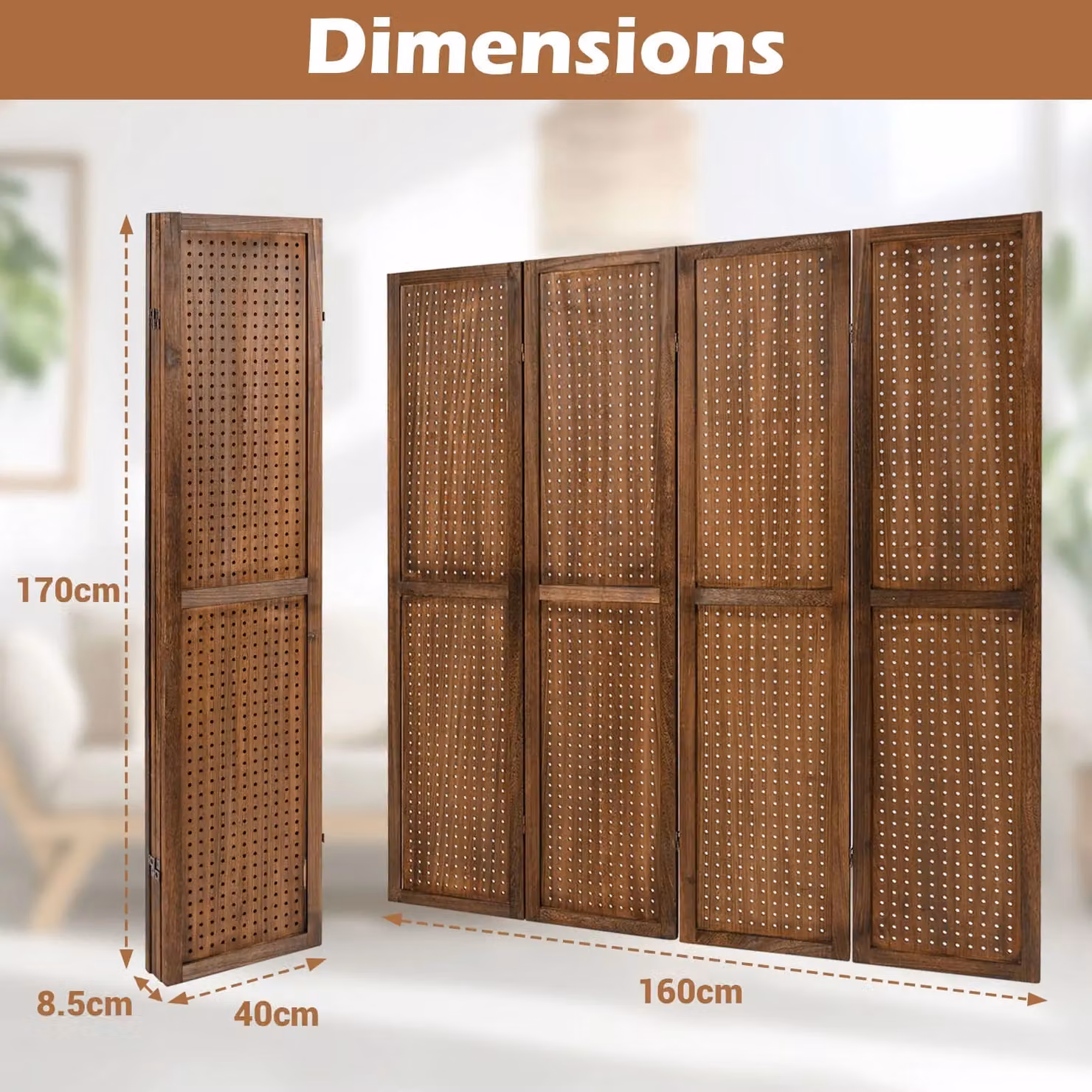 Gymax 4-Panel Brown Pegboard Folding Room Divider Privacy Screen, Height: 170 cm – 4