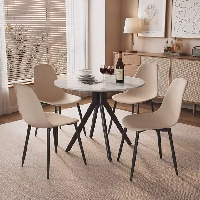 Calico ASTB4-WHSSset10 Modern Round Ceramic Dining Table and Chairs Set in White, Blue and Beige