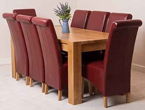 Thats Furniture Kuba 8 Seater Solid Oak Dining Set with Burgundy Leather Montana Chairs, W: 180 cm, D: 90 cm – 1