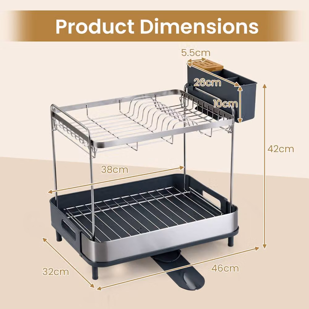 Costway 2-Tier Stainless Steel Dish Drying Rack with Cutlery Holder and Drip Tray in Silver and Multicolour – 2