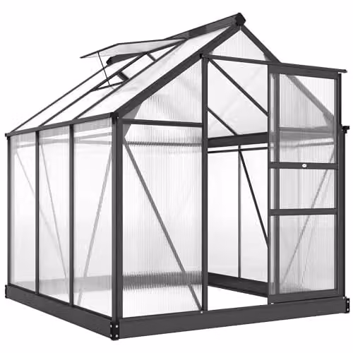 Outsunny Polycarbonate and Aluminium Walk-In Garden Greenhouse with Sliding Door and Window, Grey and Transparent, H: 190 cm