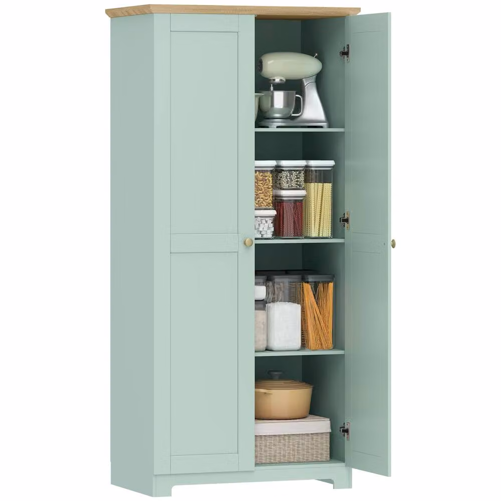 HOMCOM Modern Wooden Tall Storage Cabinet in Light Green with 4 Internal Shelves – 2