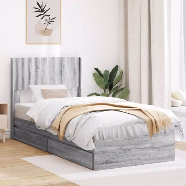 Berkfield Home Modern Bed Frame with Headboard and Side Compartment Storage, Grey, W/D/H: 90 x 200 cm – 1