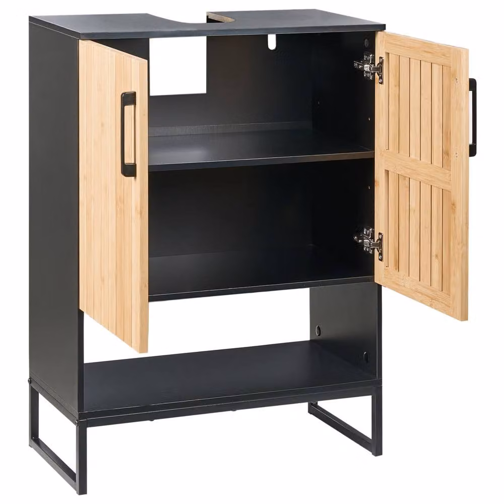 Wyld and Coco Wall Mounted Bamboo Bathroom Cabinet in Light Brown and Matte Black Steel – 3