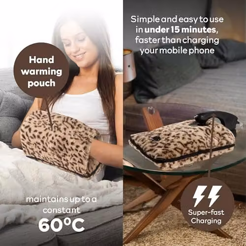 Carman Rechargeable Hot Water Bottle and Body Warmer with Automatic Temperature Control and Overheat Protection in Multicolour Leopard Print, H x 17 x 24 cm – 4