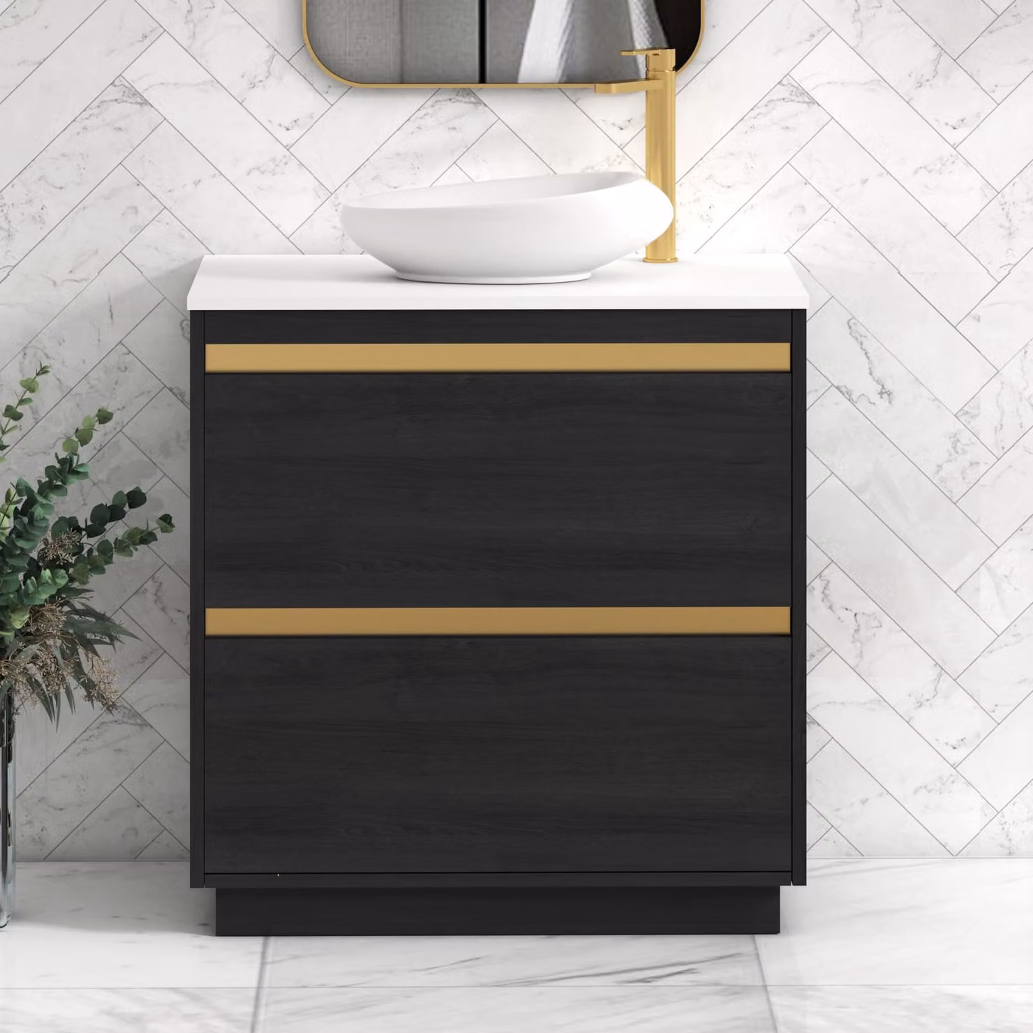Royal Bathrooms Orion 800mm Hale Black Floor Standing Vanity Unit with Nova Basin and Brushed Brass Accent Trim, Plain White Countertop, 2 Drawers