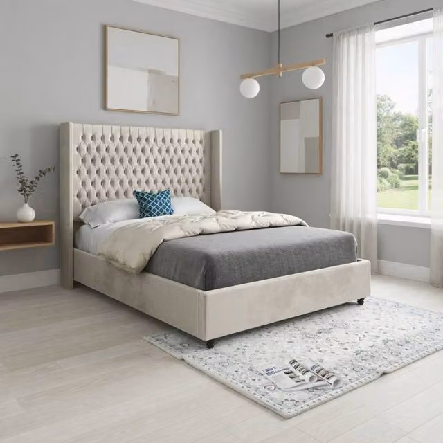 KDMD Wormbridge Winged Upholstered Designer Bed Frame in Beige Soft Velvet, Size: Double (140 x 200 cm) – 1