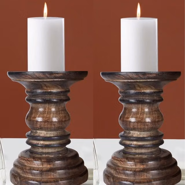 Topfurnishing Set of 2 Rustic Antique Carved Wooden Pillar Church Candle Holders in Brown, W/D/H: 12 x 12 x 19 cm