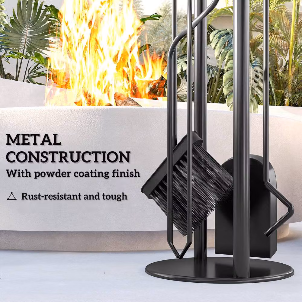 STILVORA Black Metal Freestanding Fireplace Tools Set with Stand – 7