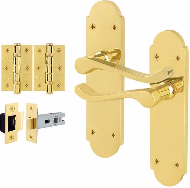 AFIT Polished Brass Door Handle Latch Set with Gold Hinges, 1 Pair