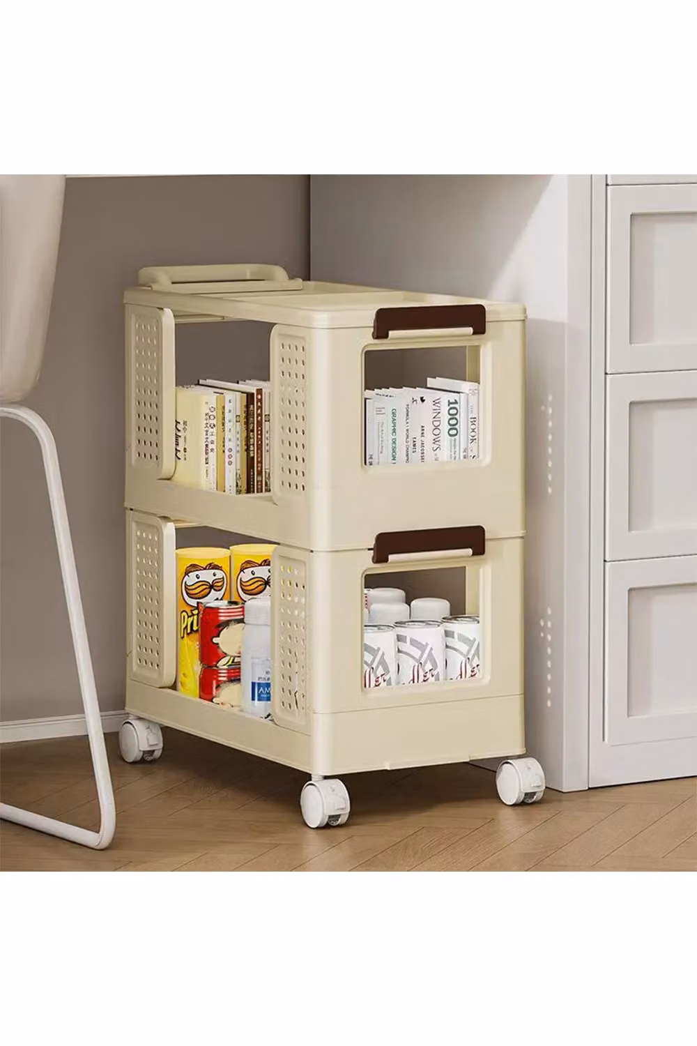 Living and Home 3-Tier Folding Rolling Fruit and Vegetable Storage Trolley Cart in White – 3