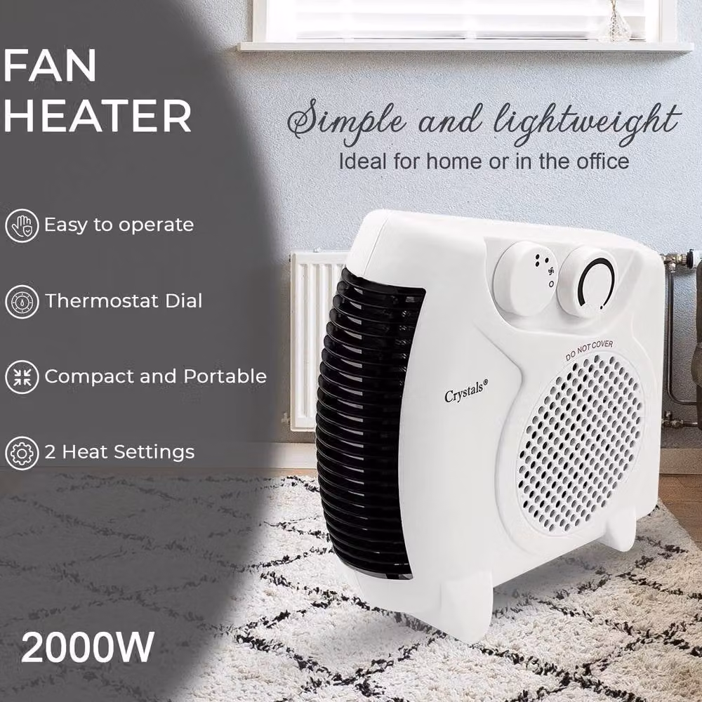 Crystals 2-in-1 Portable Electric Fan Heater, 2000W, White – 2