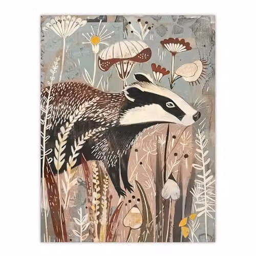Artery8 Rustic Woodland Badger Unframed Paper Wall Art Print Poster, Multicolour Floral Illustration