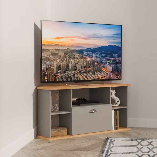 Victoria Ready Assembled Corner TV Unit in Grey and Matt Metal