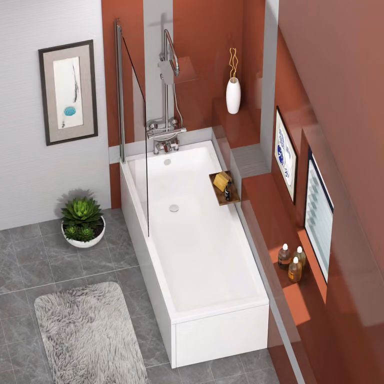 Cesar White Acrylic Rectangular Single Ended Bath Tub with Transparent Square Shower Screen