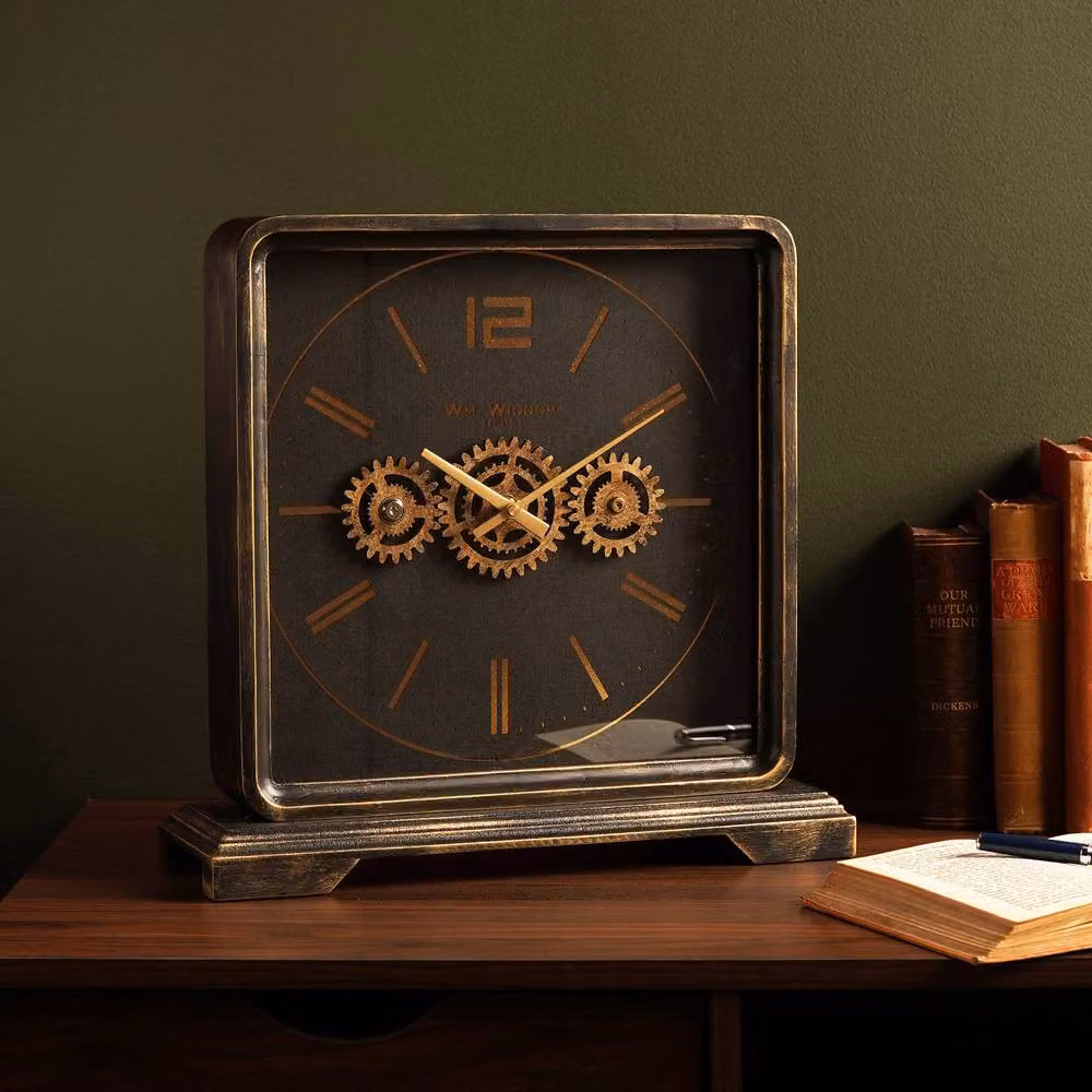 WILLIAM WIDDOP Black Industrial Metal Analog Mantel Clock with Moving Gears – 2