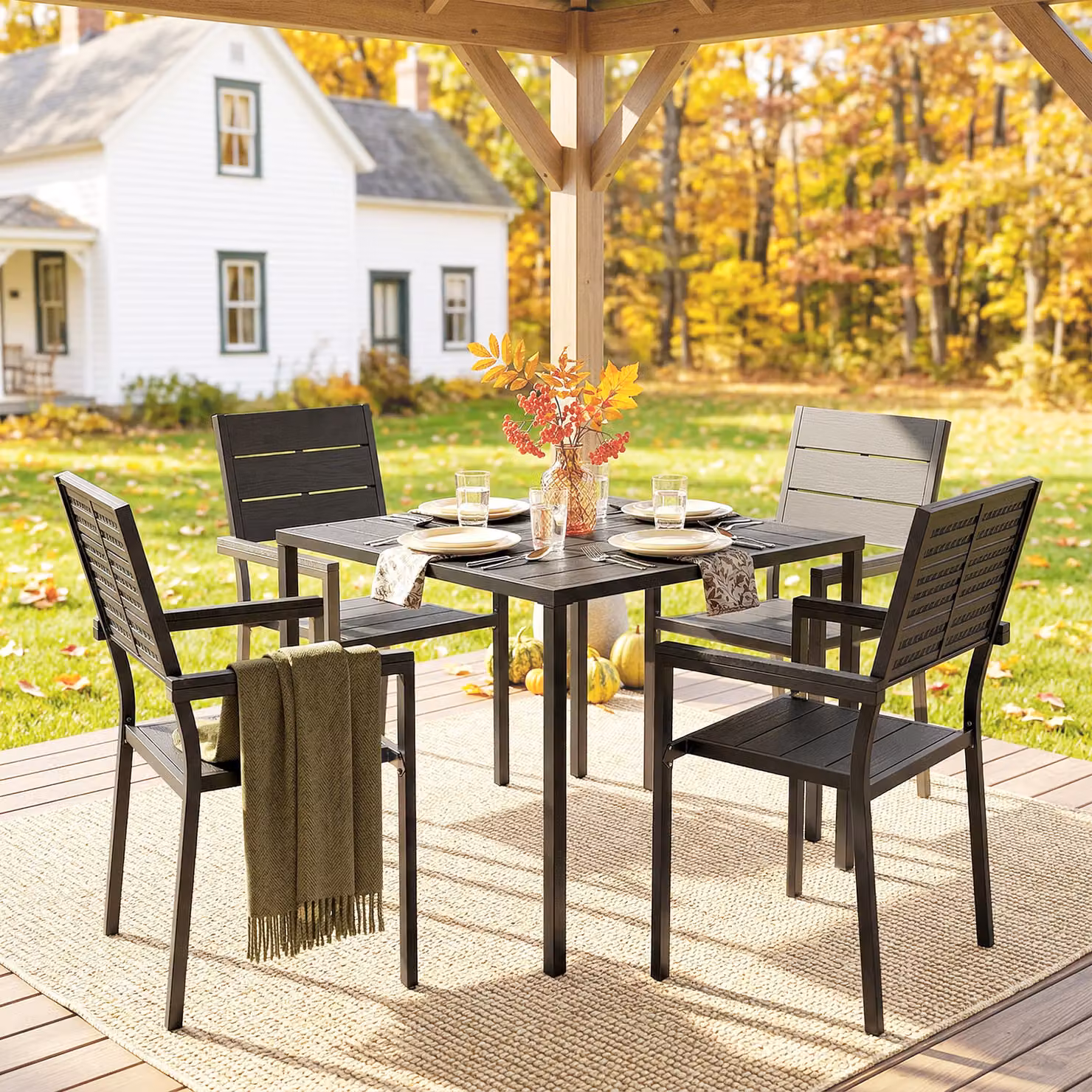 Outsunny 5 Piece Garden Dining Set with Square HDPE Table and Armchairs in Black – 5