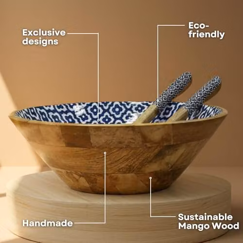 Hartsmede Handmade Mango Wood Salad Bowl with Lid and Spoons, Multicolour, Diameter: 30.48 cm – 2