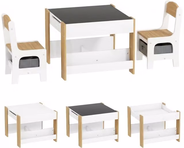 HOMCOM Three-Piece Kids Table and Chair Set with Blackboard, Storage and Bookshelves in Brown and White Wood