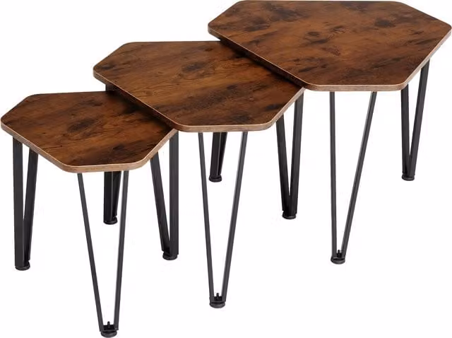tectake Torquay Industrial Hexagonal Nested Side Table Set in Brown Oak and Metal