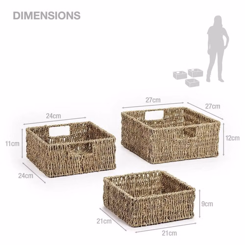 EONLION Set of 3 Stackable Open Weave Seagrass and Metal Storage Baskets in Brown, Width: 50 cm – 2