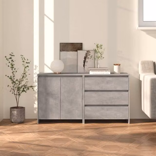 Berkfield Home 2 Piece Modern Abstract Sideboard in Concrete Grey Engineered Wood – 1