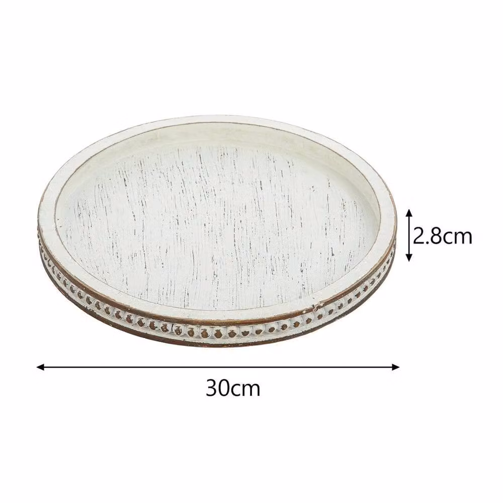 Havendro White Rustic Round Wooden Decorative Tray, Diameter: 30 cm – 1