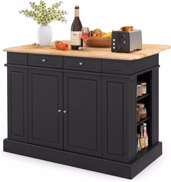 COSTWAY Black Drop-Leaf Kitchen Island with Adjustable Rubberwood Shelves