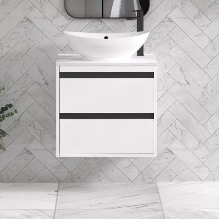 Royal Bathrooms Orion 600mm Matt White Wall Hung 2 Drawer Vanity Unit with Amaze Basin and Black Accent Trim