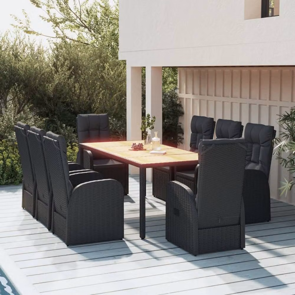 Berkfield Home 9 Piece Modern Garden Dining Set in Black Poly Rattan and Solid Acacia Wood – 2