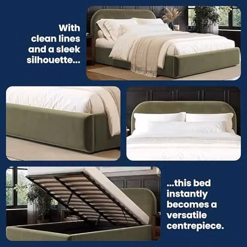 Flair Furnishings Alba Ottoman Bed, King Size Upholstered Bed Frame with Storage and Curved Headboard, Green Velvet, H 221 cm x W 180 cm x D 200 cm – 7
