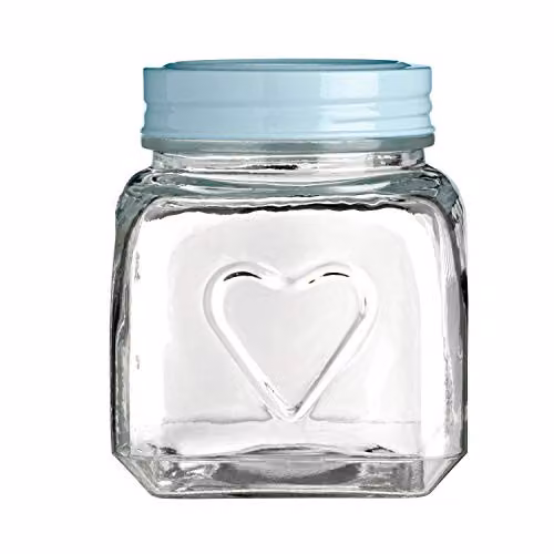 Orsina Embossed Heart Glass Jar with Airtight Blue Lid, 900ml, Transparent