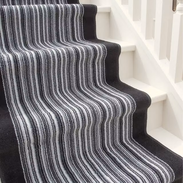The Rug House Striped Cut To Measure Stair Carpet Runner, Black and White, Width: 60 cm, Length: 975 cm