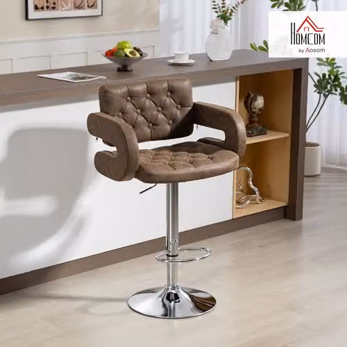 HOMCOM Brown PU Leather Swivel Bar Stool with Armrests and Adjustable Height – 2
