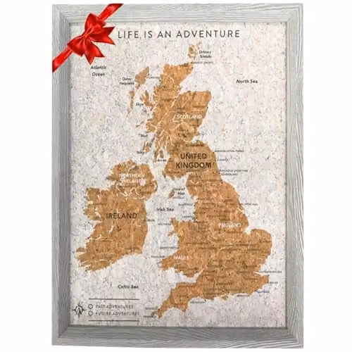 Splosh Travel Map UK and Ireland Pin Board with Grey Cork and Wooden Frame, including 100 Pins – 1