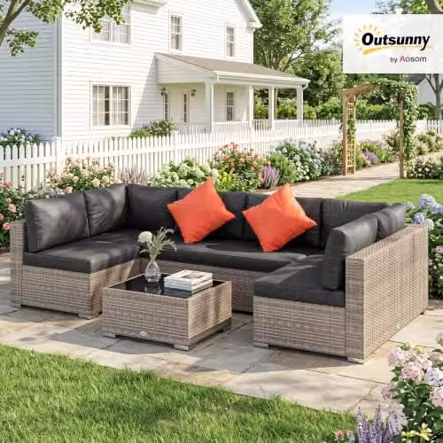 Outsunny 4 Piece L-Shape Rattan Corner Sofa Set with Coffee Table and Cushions, Grey – 3