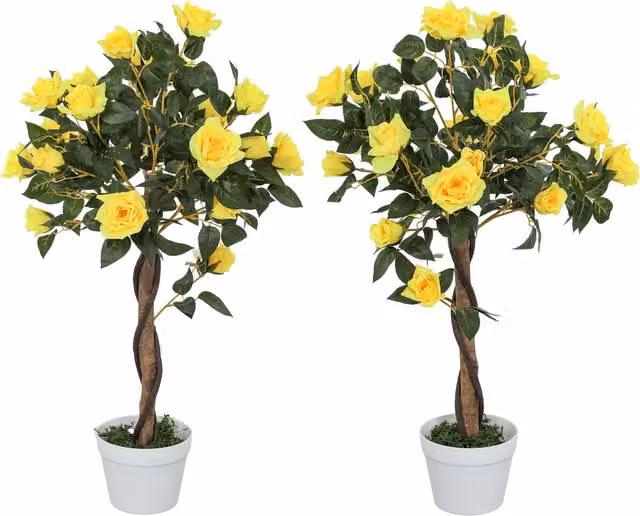 Outsunny Set of 2 Artificial White and Yellow Rose Floral Plants in Pots, Height: 90 cm