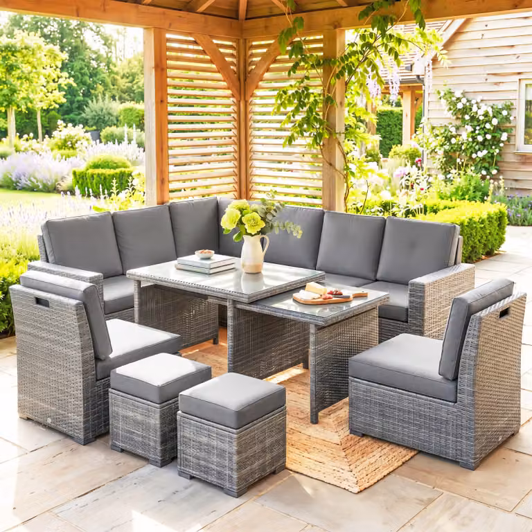 Outsunny Seven-Piece L-Shape Rattan Garden Sofa Set with Extendable Glass Coffee Table, Light Grey