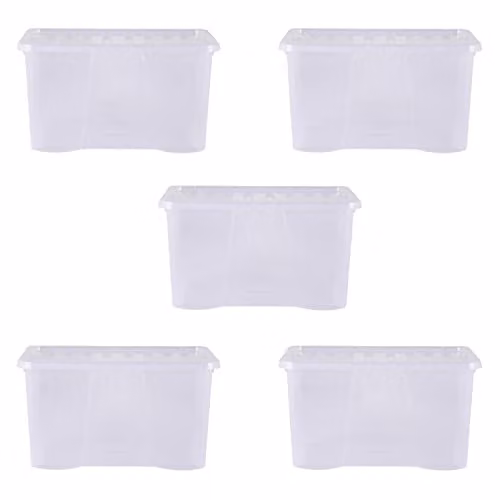 Wham Crystal Stackable Plastic Storage Boxes with Lids and Handles, 5 x 60L, Transparent – 1