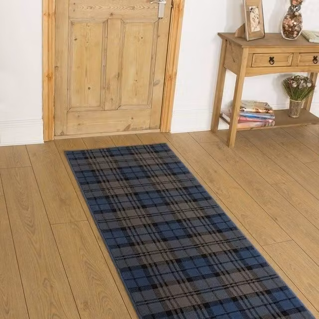 runrug Blue Tartan Hallway Runner Rug, W: 100 cm, L: 300 cm, Thickness: 9 mm – 5