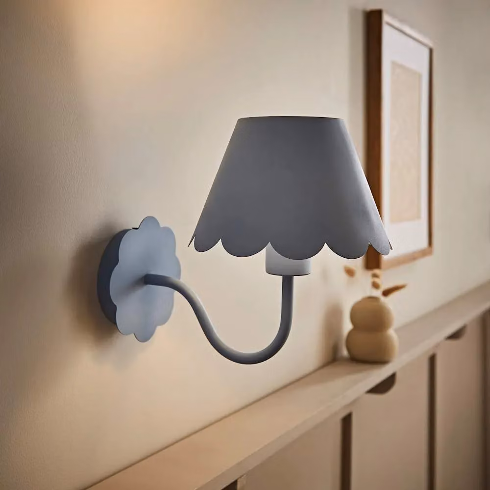 ValueLights Hattie Pair of Rechargeable Metal Scalloped Edge Wall Lights in Mid Blue – 2
