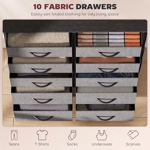 HOMCOM Modern Charcoal Grey Chest of Drawers with 10 Fabric Drawers for your Bedroom, W/D/H: 94.5 x 30 x 86 cm – 3