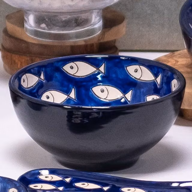 Verano Spanish Ceramics Hand Painted Blue and White Fish Ceramic Dip Bowls