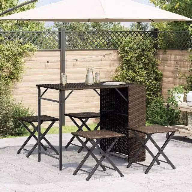 Berkfield Home Beautiful 5 Piece Foldable Garden Dining Set in Brown Poly Rattan