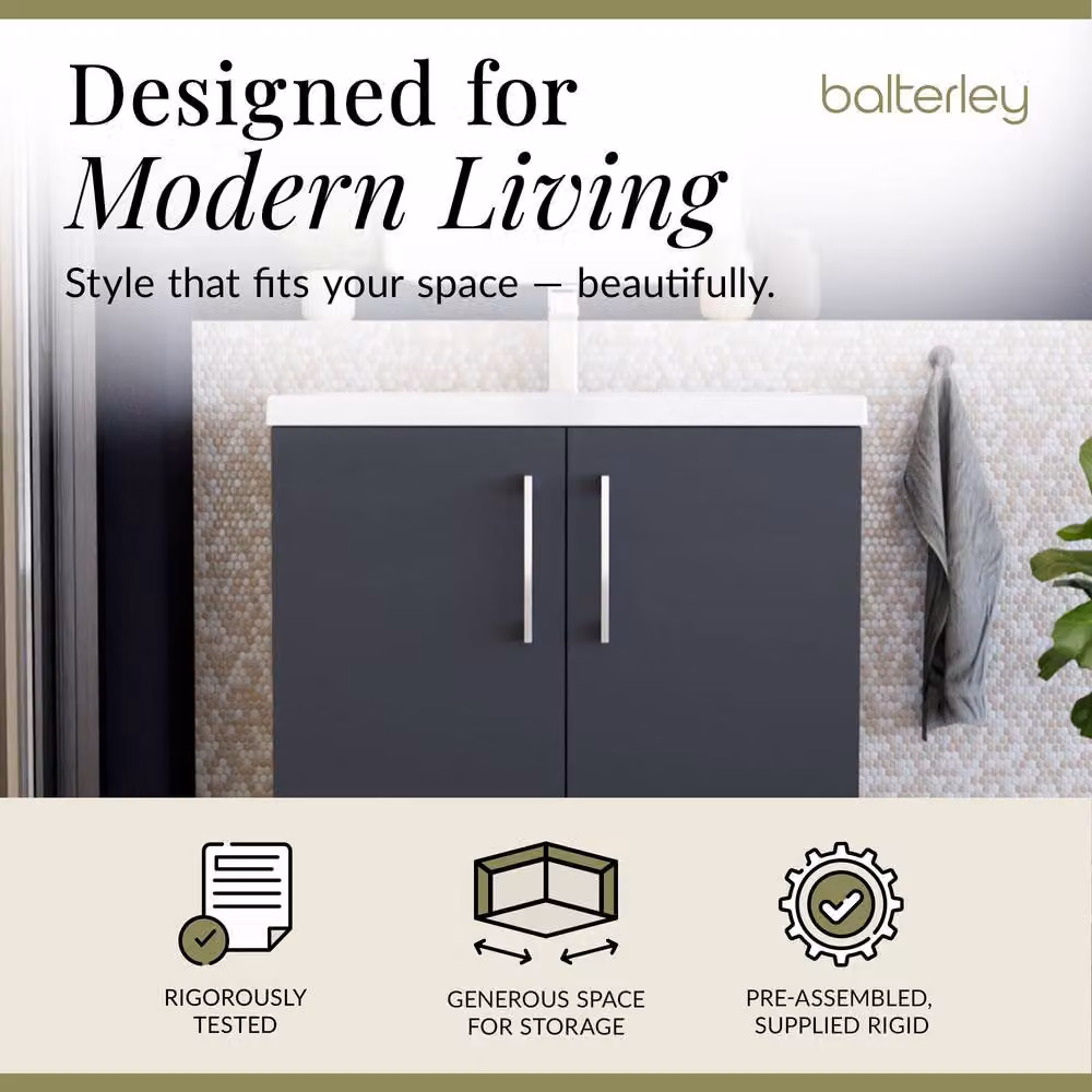 Balterley Modern Bathroom Floor Standing Vanity Unit with 2 Soft Close Doors and Rectangular Mid-Edge Basin, Dark Grey, W: 80 cm, D: 39 cm, H: 84 cm – 2
