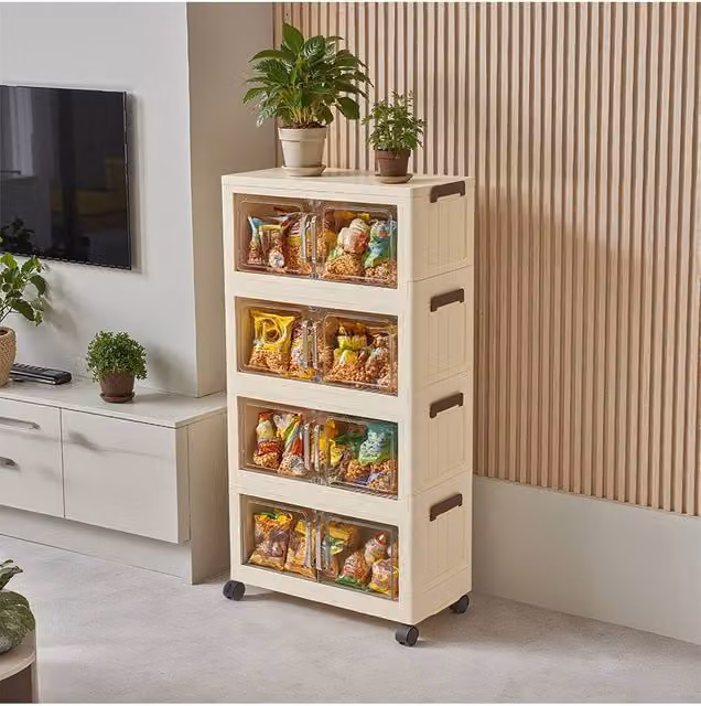 Living and Home 5/4 Tier Foldable Rolling Plastic Storage Cabinet with Magnetic Doors in Cream/Beige/Transparent Size XL – 1