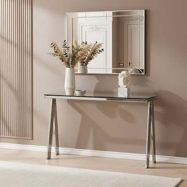 Orsina Modern Rectangular Glass Console Table with Silver Stainless Steel Frame, W/D/H: 122 x 37 x 81 cm – 1